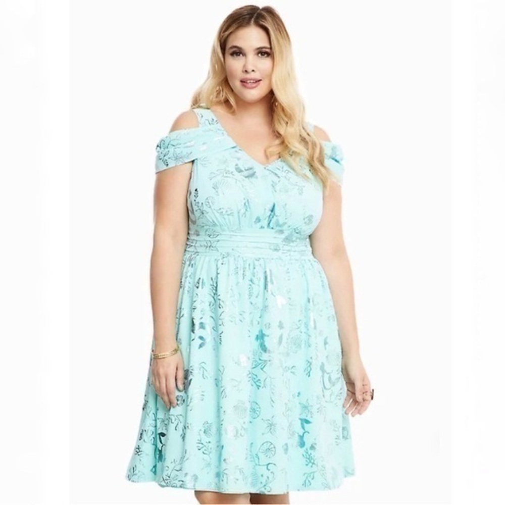 Disney Princess Ariel Print Swing Dress Chiffon Foil Aqua Dress Size 12